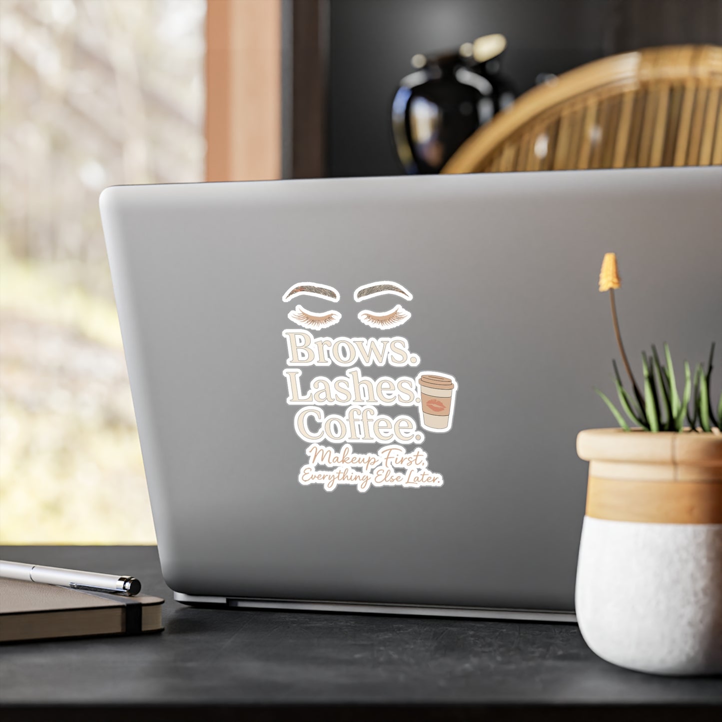 Makeup Artist Sticker – "Brows Lashes Coffee" Decals for Laptop, Water Bottle – Waterproof Vinyl Makeup Artist Gift, Brows & Lashes Lover Accessory