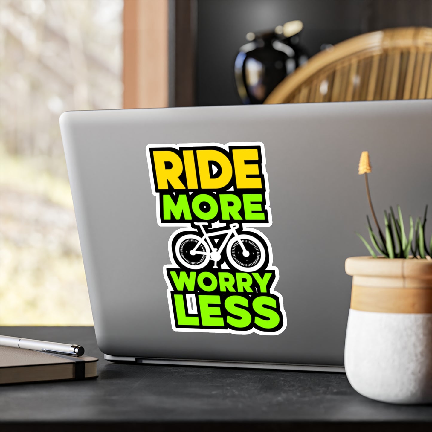 Ride more, worry less   - Cycling Sticker for Window Laptop Sticker. Water Bottle Sticker, Vinyl Cyclist Decal - Cycling Gift
