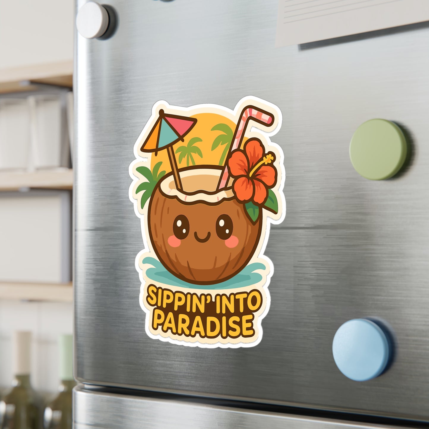 Tropical Sticker – Sippin Into Paradise Decals, Coconut Beach Vacation Vinyl, Waterproof Decor for Laptop, Water Bottle