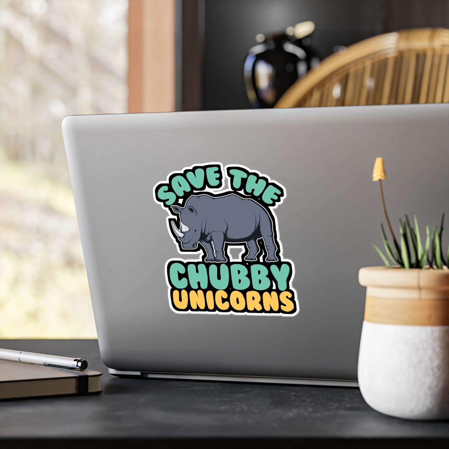 Save The Chubby Unicorns - Rhino Sticker for Laptop Sticker. Water Bottle Sticker, Vinyl Rhinoceros Decal - Rhino Gift
