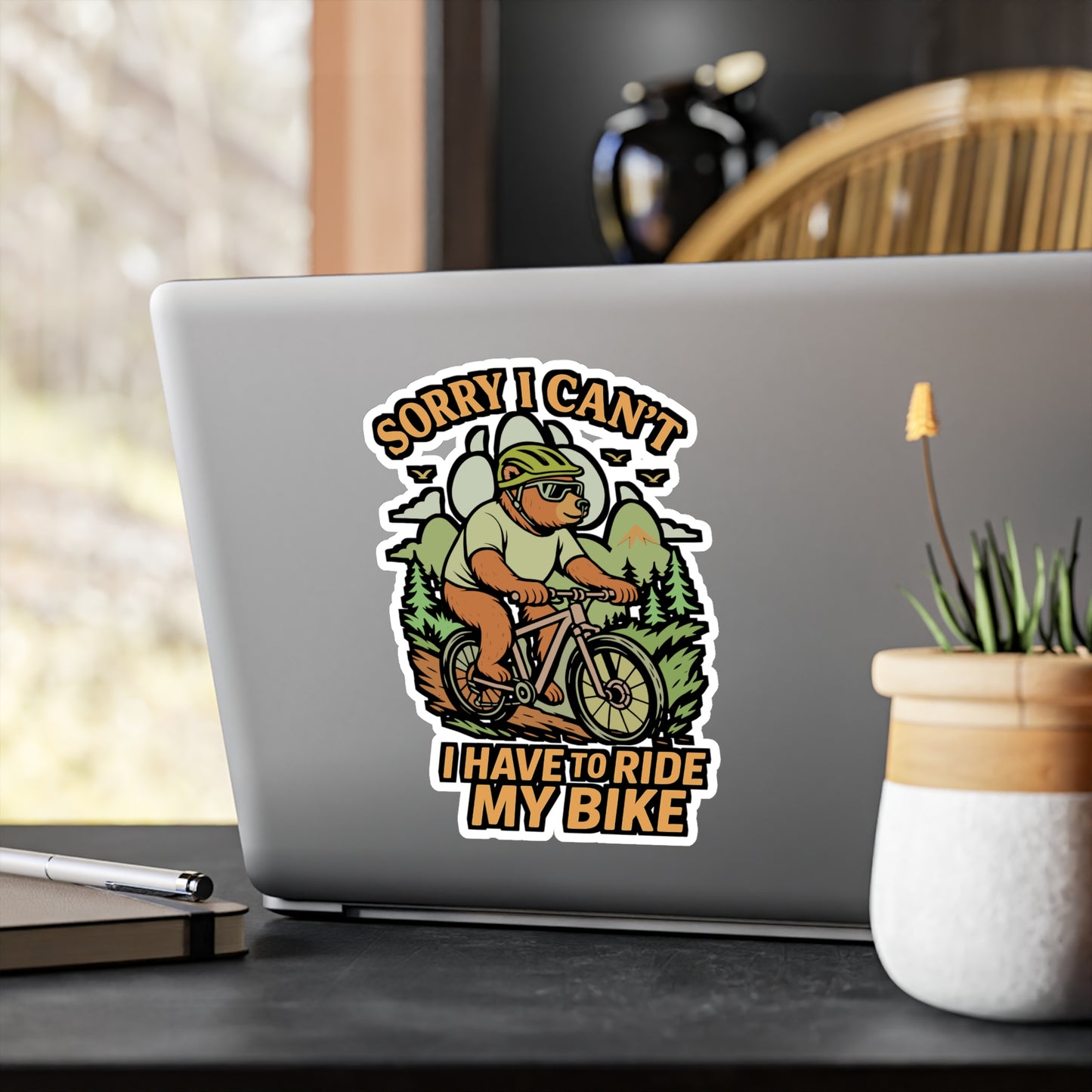 Sorry I Can’t I Have to Ride My Bike – Cycling Sticker for Laptop, Water Bottle & Helmet | Vinyl Bear Decal | Funny Biker Gift
