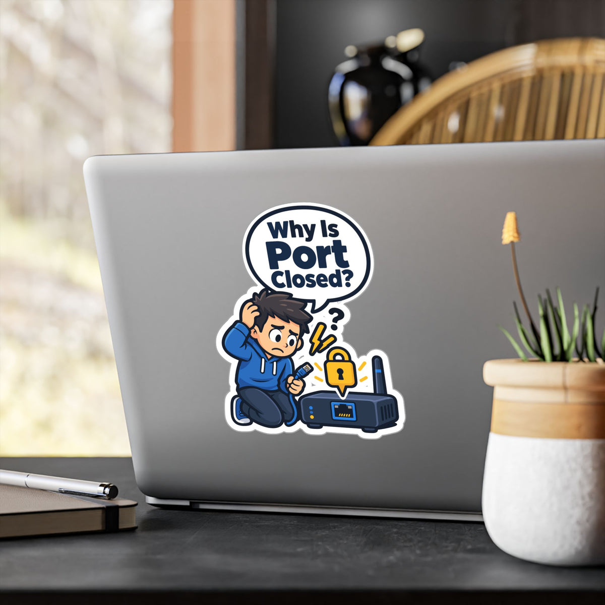 Tech Sticker - Why Is Port Closed - A Bandage for Your Reboot Button, Funny Decals for Laptop and Water Bottle