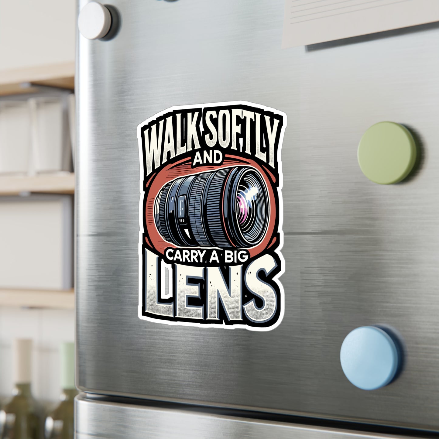 Walk Softly And Carry A Big Lens - Photography Sticker for Laptop Sticker. Water Bottle Sticker, Vinyl Camera lens Decal - Photography Gift