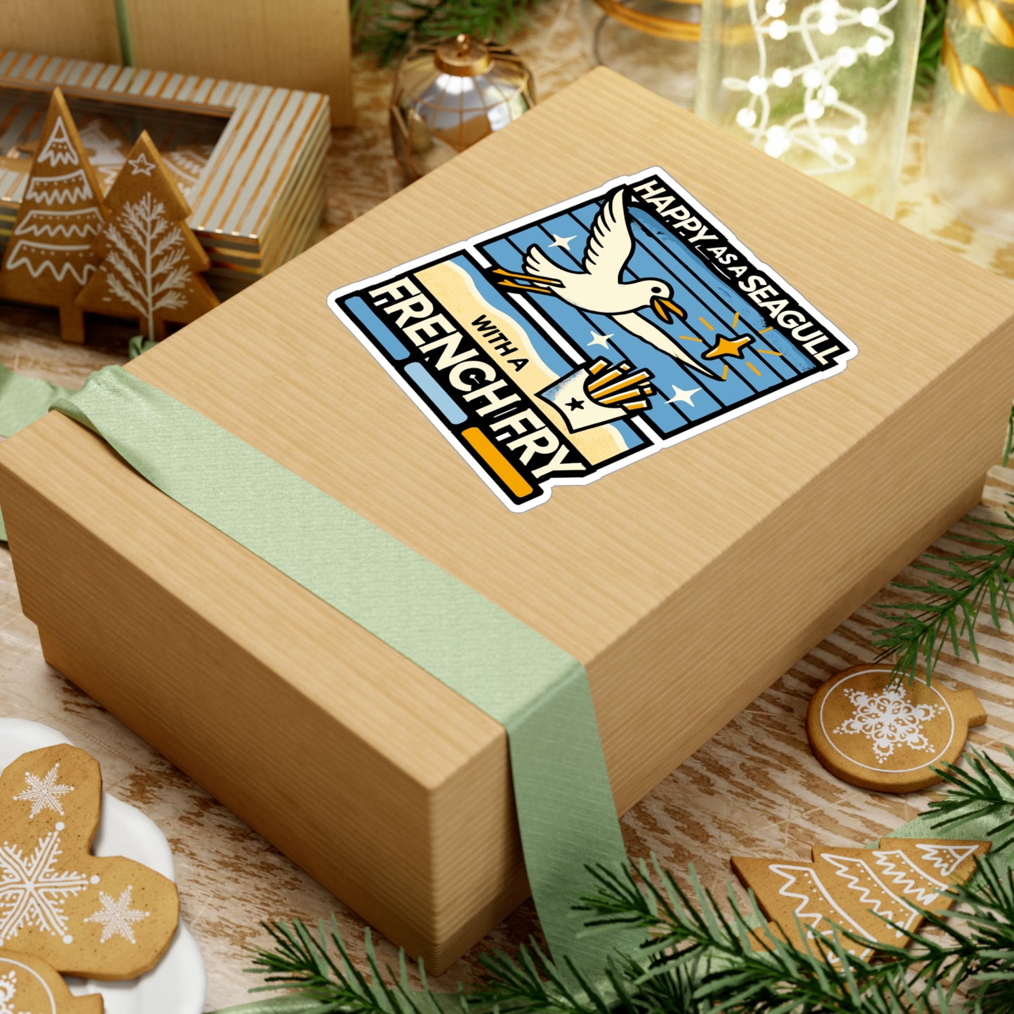 Happy As Seagull With A French Fry - Seagull Sticker for Laptop Sticker. Water Bottle Sticker, Vinyl Seabirds Decal - Seagull Gift