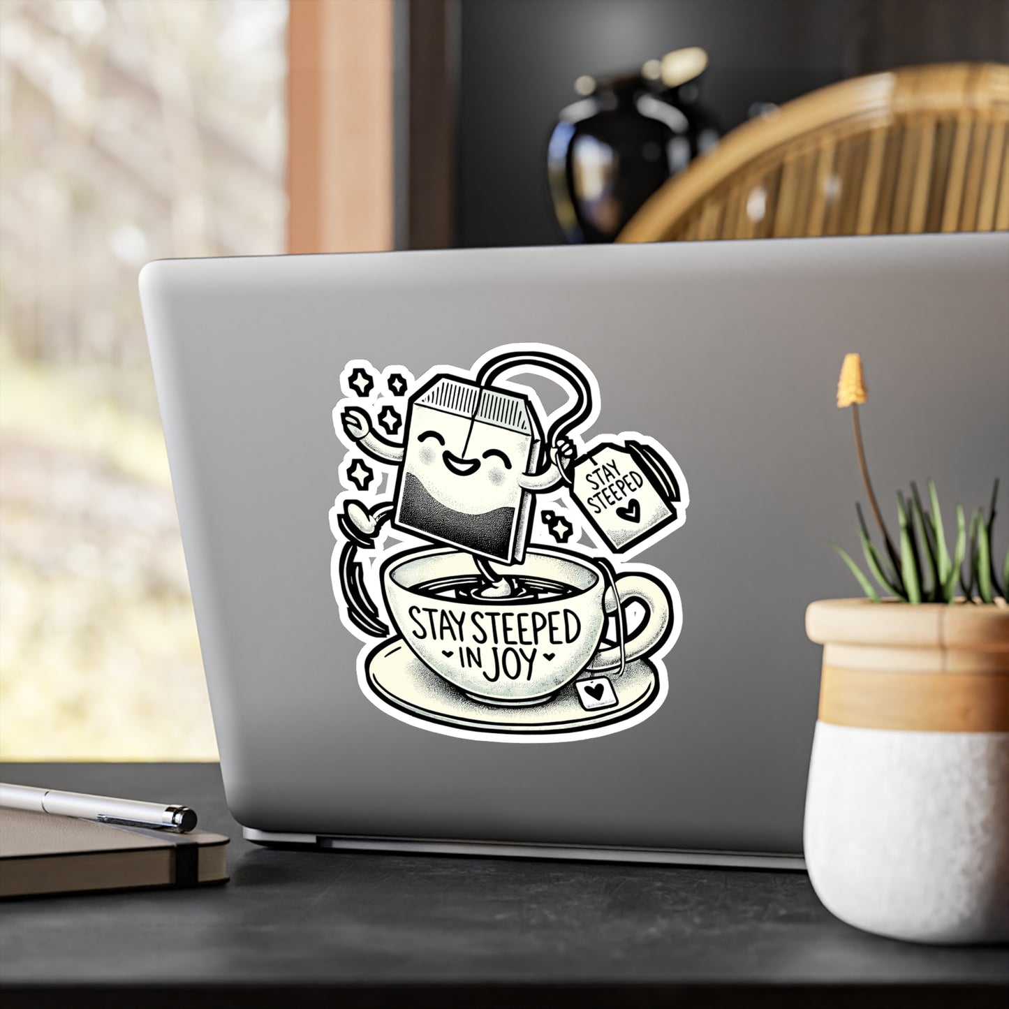 Stay Steeped in Joy – Tea Pun Sticker for Laptop, Water Bottle & Tea Lover Gifts