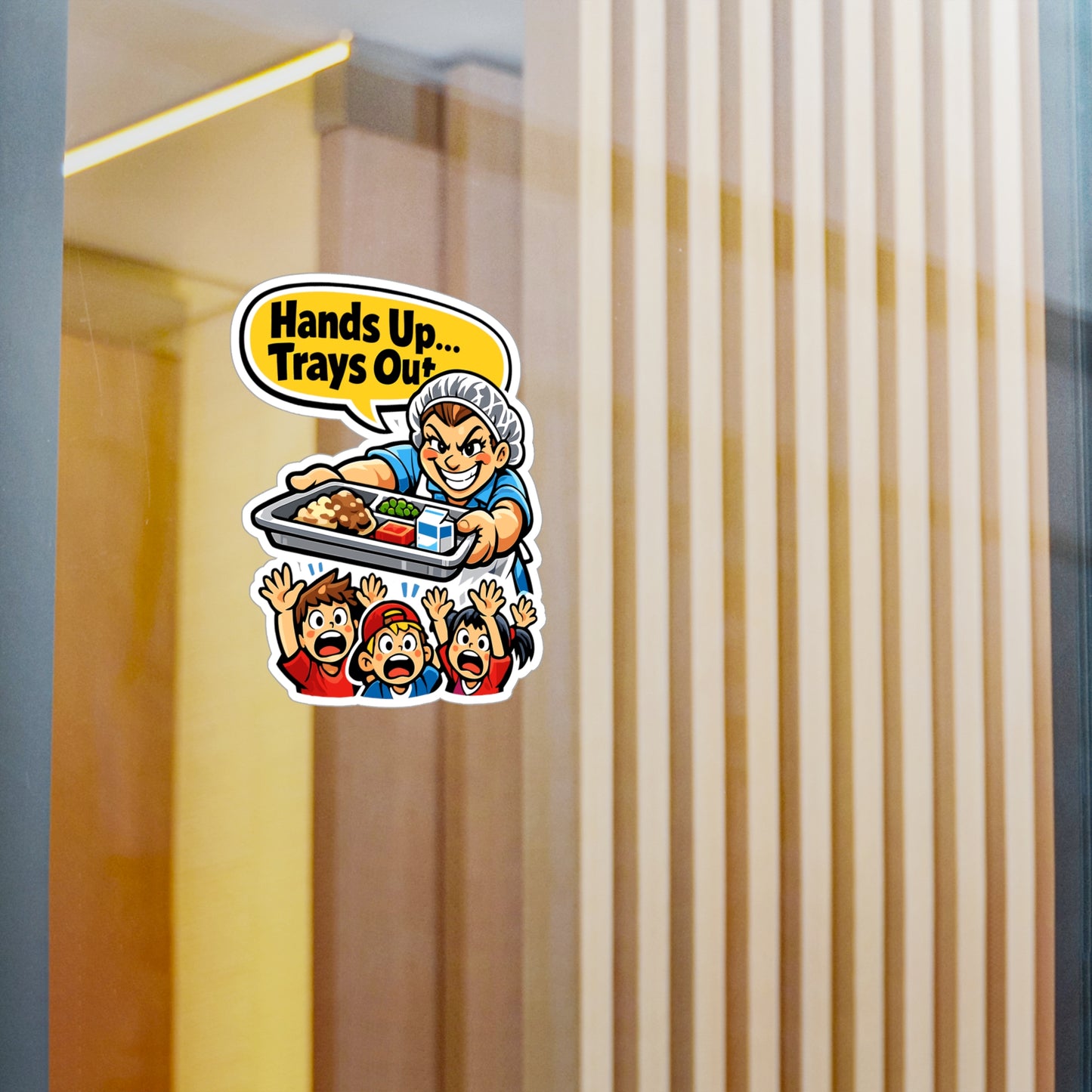 Lunch Lady Sticker “Hands Up... Trays Out” Funny School Canteen Lunch Vinyl Sticker Decals Waterproof for Laptop Water Bottle