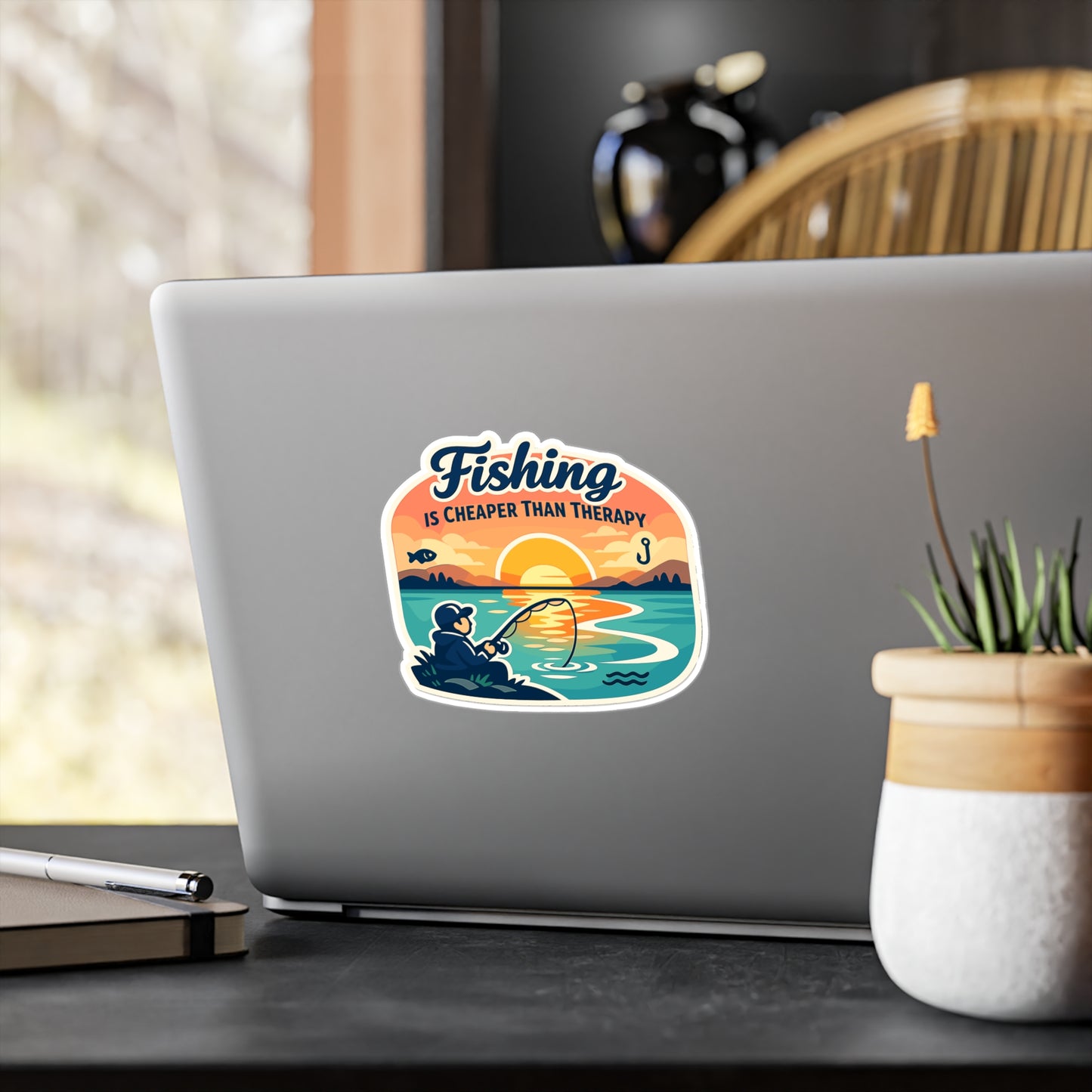 Fishing Sticker “Fishing is Cheaper Than Therapy” Funny Angling Decals Waterproof Vinyl for Laptop, Water Bottle, Lake Boating