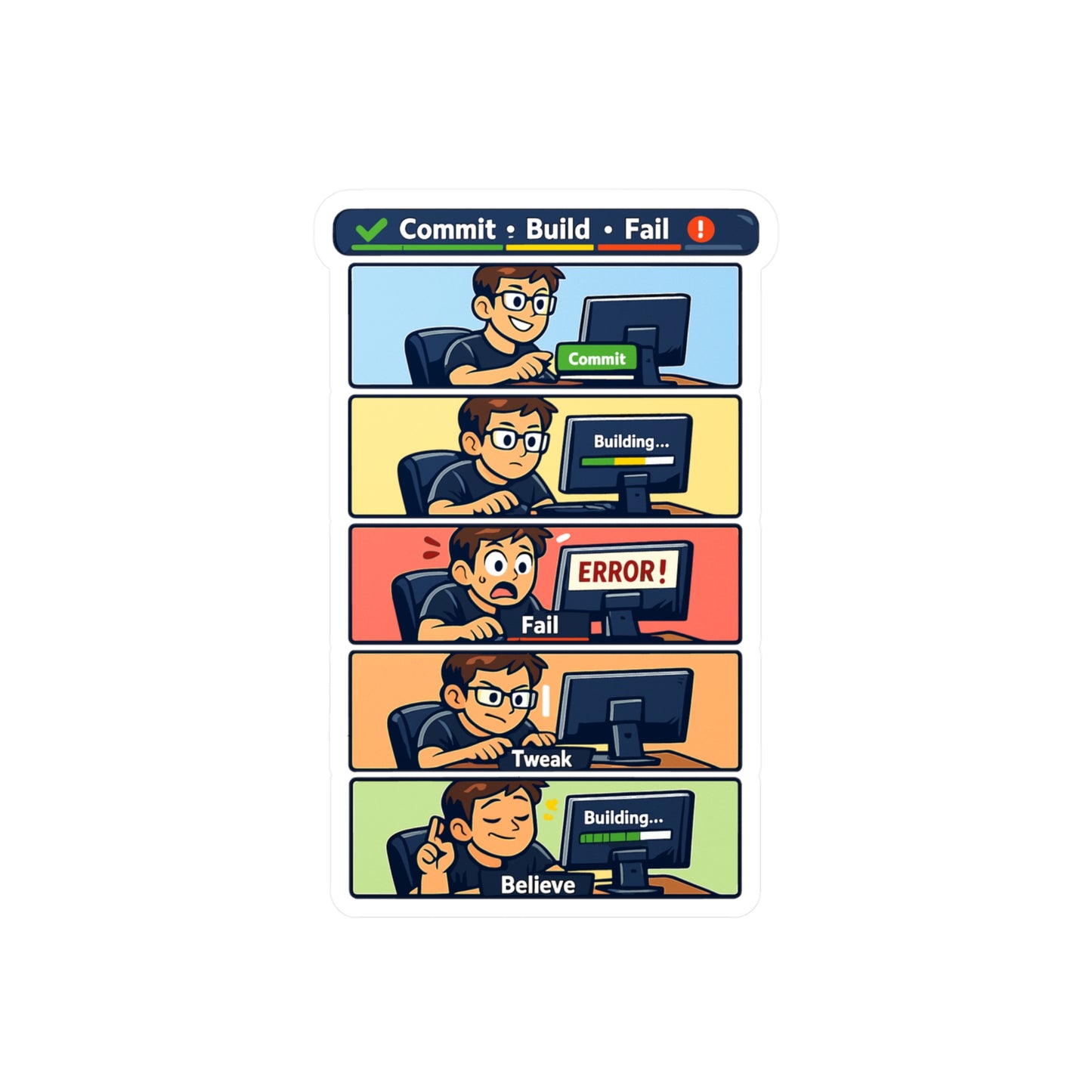 Coding Sticker Commit Build Fail Funny Programmer Design, Waterproof Vinyl sticker decals for Laptop or Water Bottle