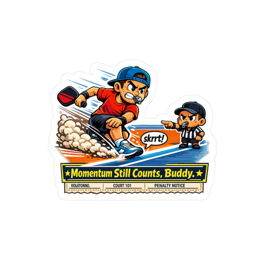 Pickleball Sticker "Momentum Still Counts, Buddy" Waterproof Vinyl Decals for Laptop, Water Bottle – Athlete Competition Pickle Design