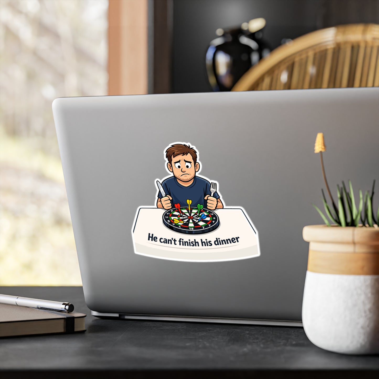 Dart Sticker He can’t finish his dinner Funny Drinking Team Design, Vinyl Waterproof decals for Laptop Water Bottle Dartboard Fans