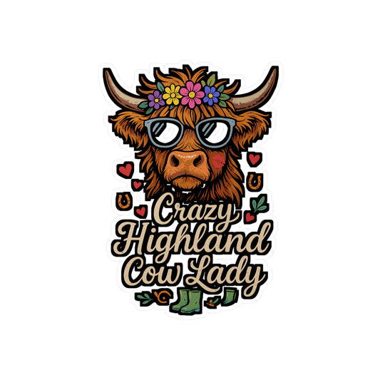 Crazy Highland Cow Lady – Highland Cow Sticker for Laptop, Water Bottle & Farm Animal Lover Gifts