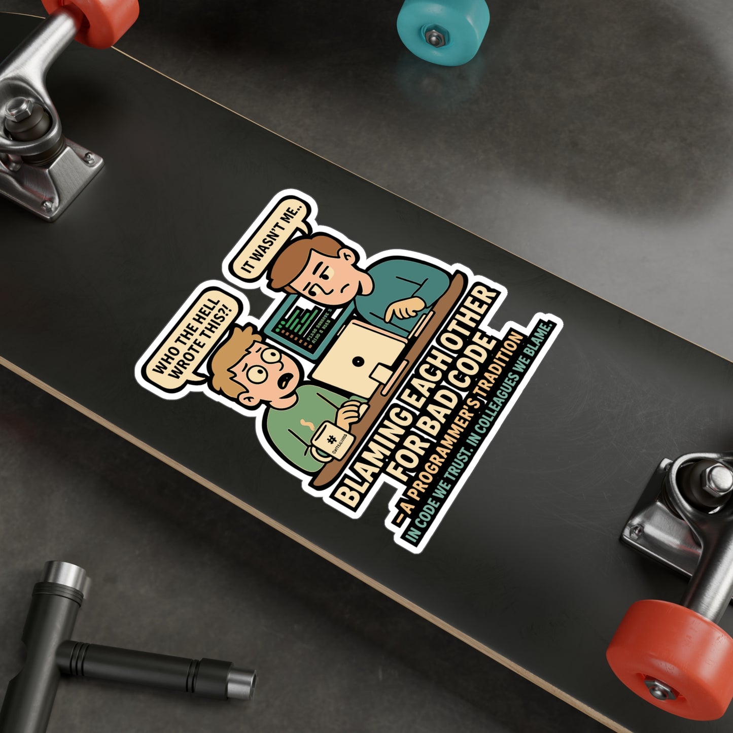 Programming Sticker "Blaming Each Other for Bad Code" – Funny Developer Decals for Laptop or Water Bottle, Vinyl, Great for Coders, Debugging