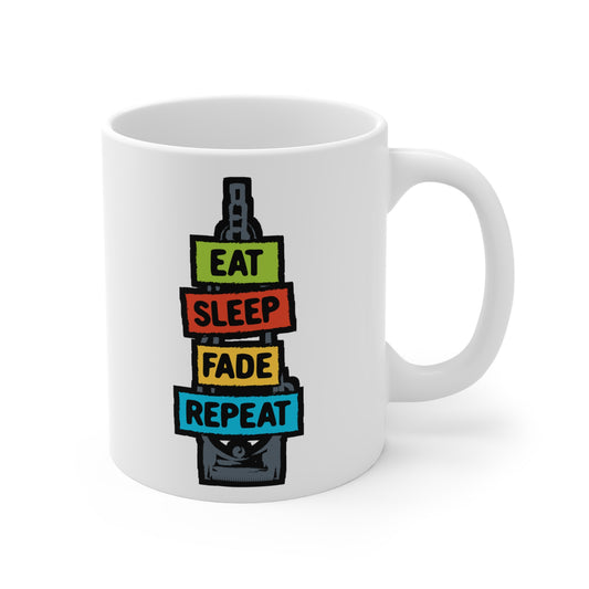 Eat Sleep Fade Repeat - Barber Mug for Coffee 11oz. Barber Cup, White ceramic, Trimmer Mug, Scissors Tea Cup - Barber Gift