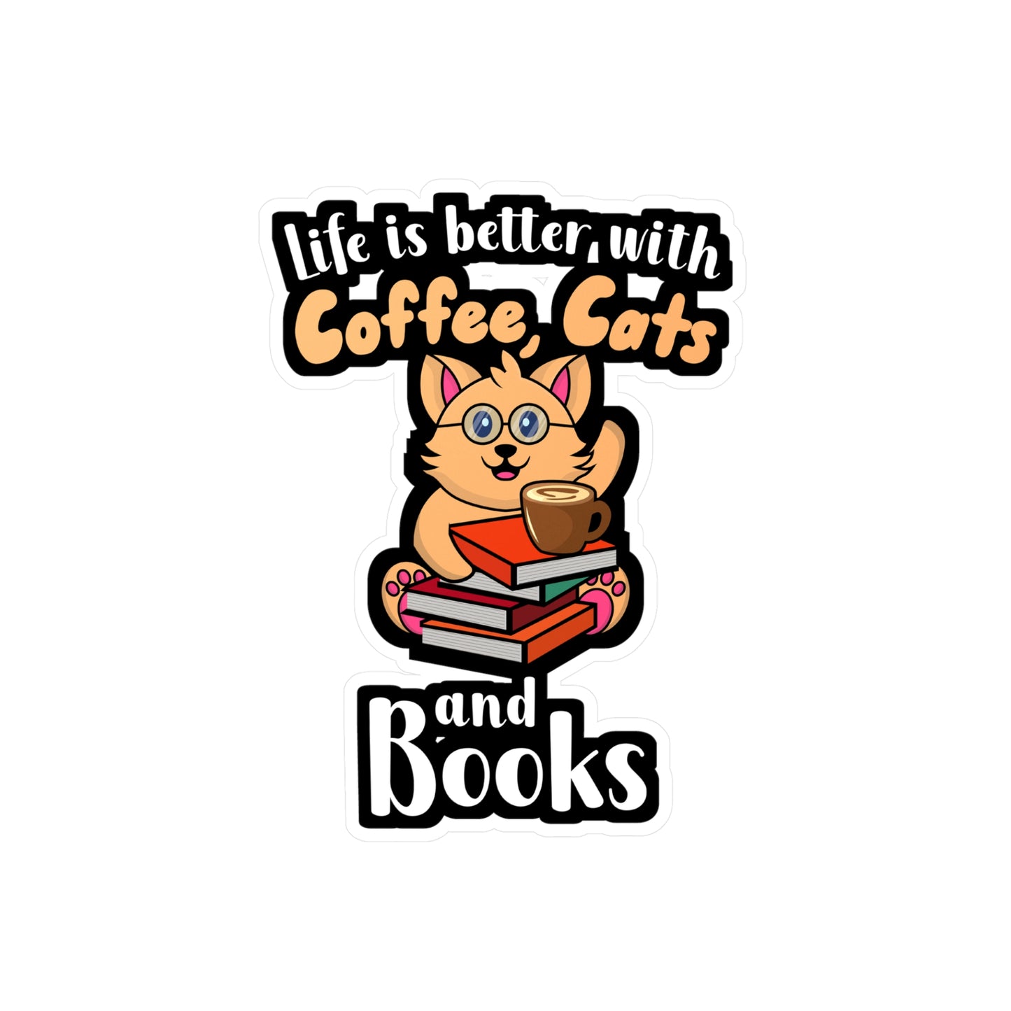 Coffee Cats Books - Coffee Sticker for Wall, Laptop, Window, Truck, Car Coffee Gift Vinyl Cats Decal Sticker