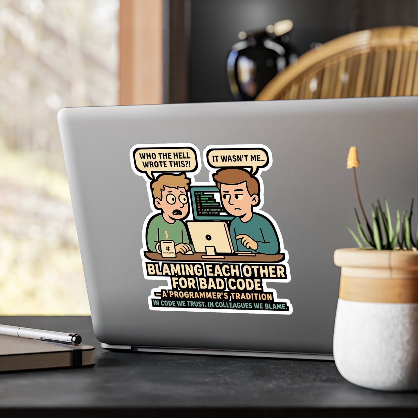 Programming Sticker "Blaming Each Other for Bad Code" – Funny Developer Decals for Laptop or Water Bottle, Vinyl, Great for Coders, Debugging