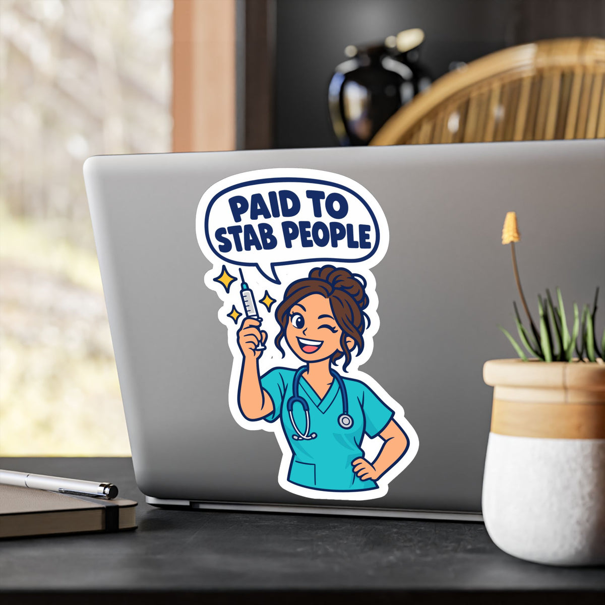 Nurse Sticker – “Paid to Stab People” Funny Nursing Student Vinyl Decals for Laptop, Water Bottle