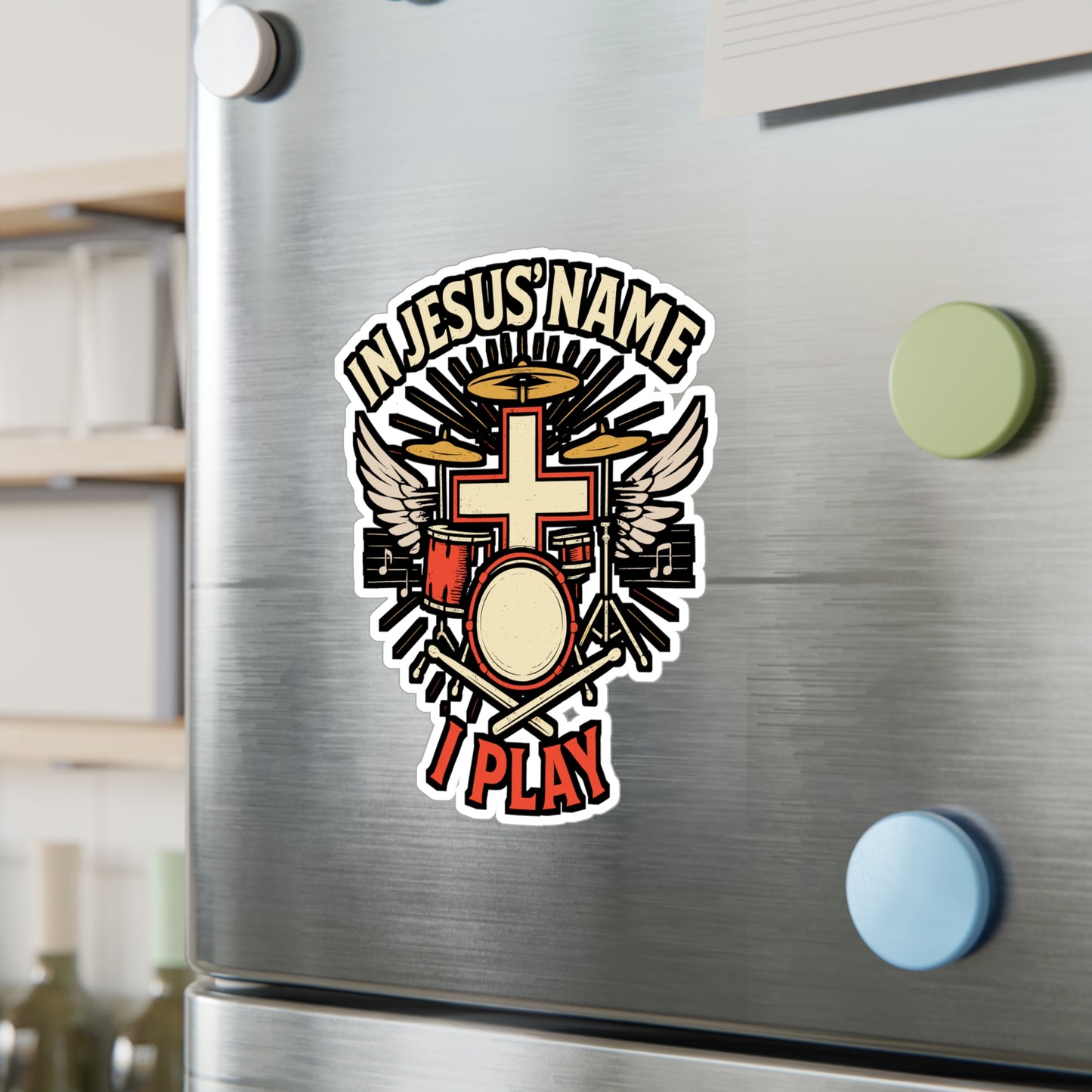 In Jesus Name I Play – Christian Drummer Sticker | Vinyl Decal for Laptop or Water Bottle | Faith-Based Music Gift