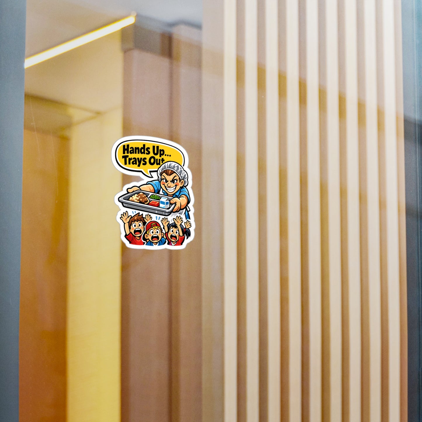 Lunch Lady Sticker “Hands Up... Trays Out” Funny School Canteen Lunch Vinyl Sticker Decals Waterproof for Laptop Water Bottle