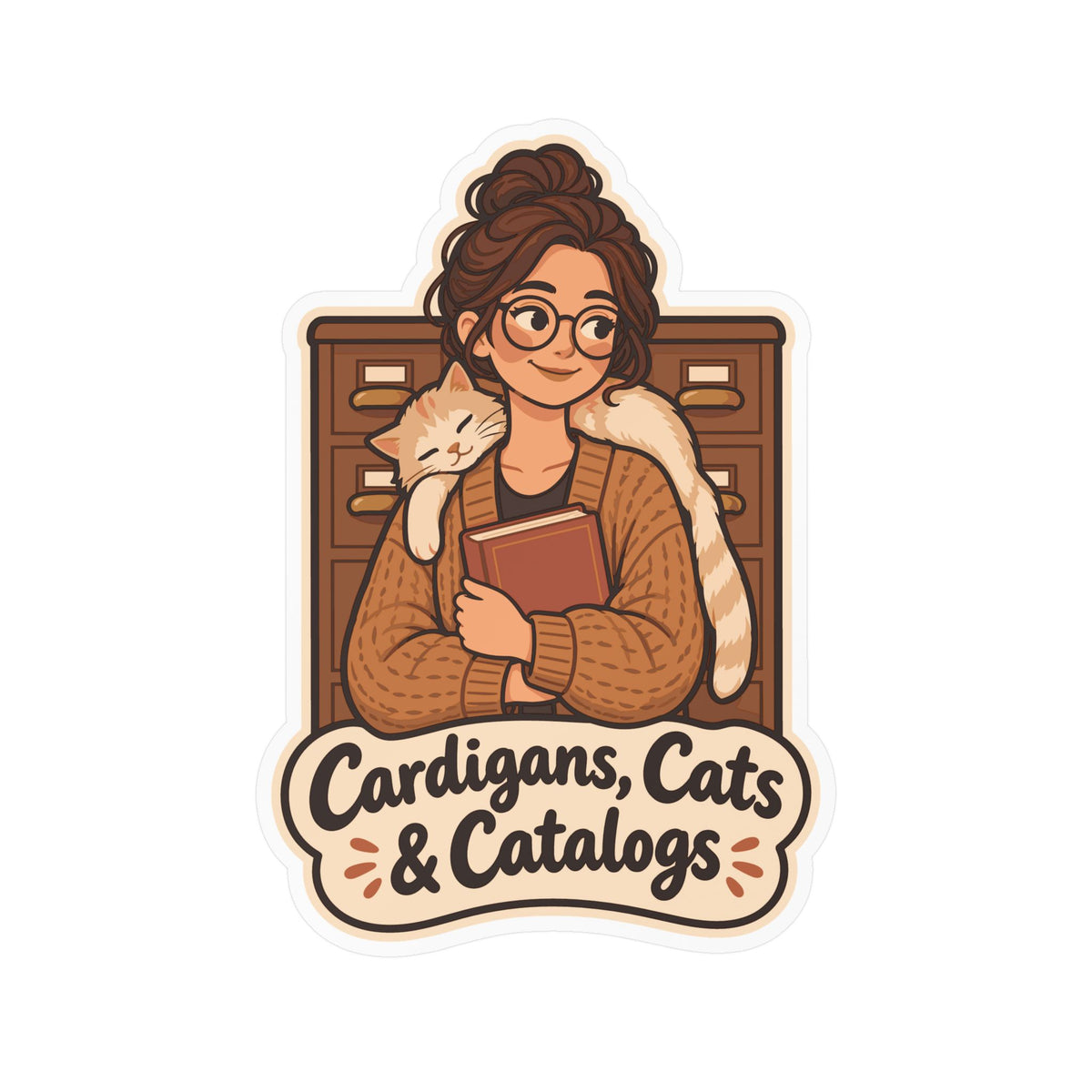 Librarian Sticker - Cardigans, Cats & Catalogs - Fabulous Book Lover Decals for Laptop or Water Bottle