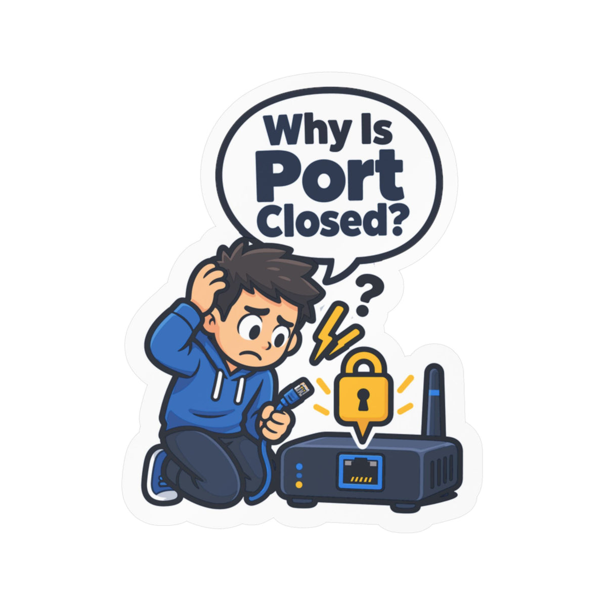 Tech Sticker - Why Is Port Closed - A Bandage for Your Reboot Button, Funny Decals for Laptop and Water Bottle