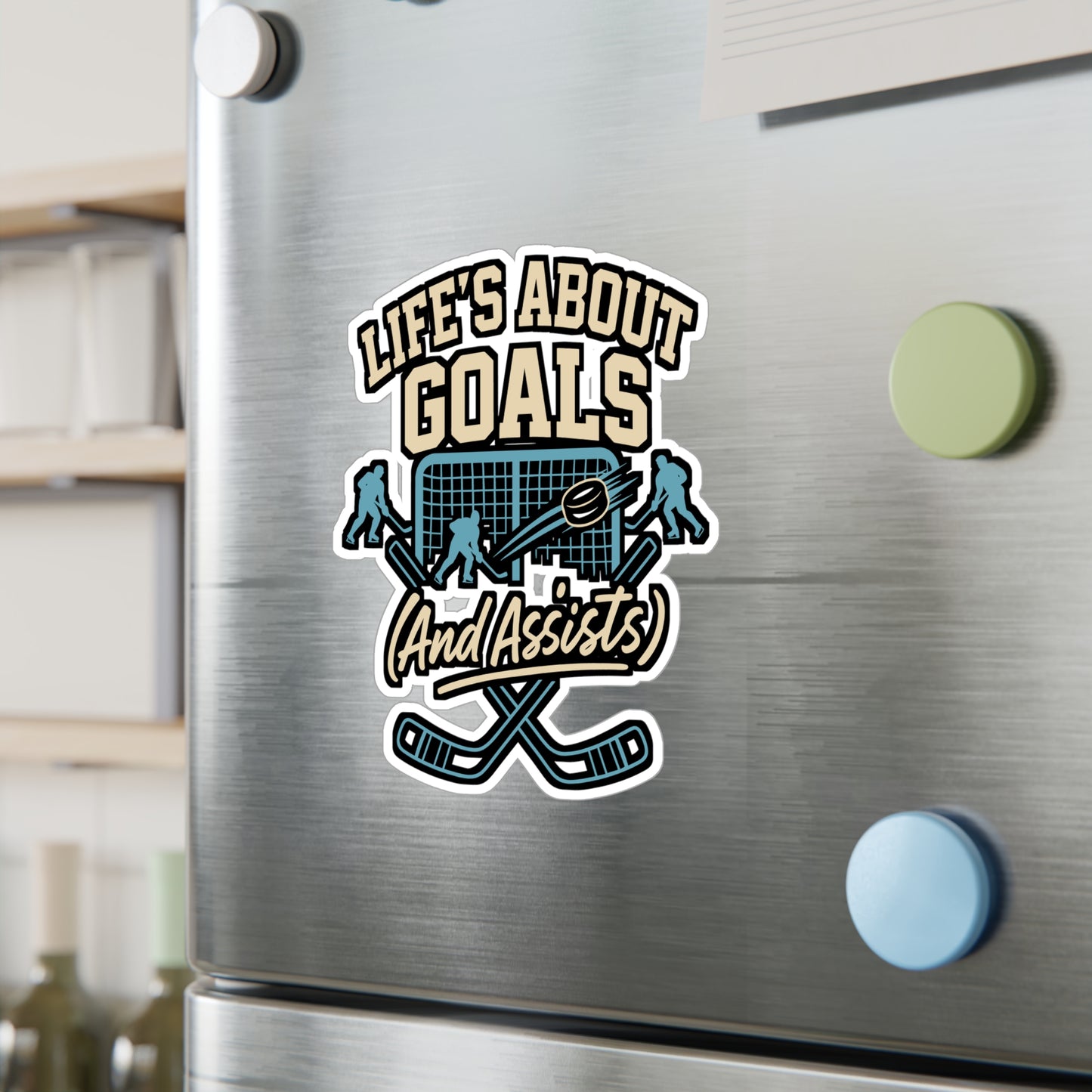 Life's About Goals (And Assists) – Ice Hockey Sticker for Laptop or Water Bottle | Goalie Vinyl Decal, Funny Hockey Gift