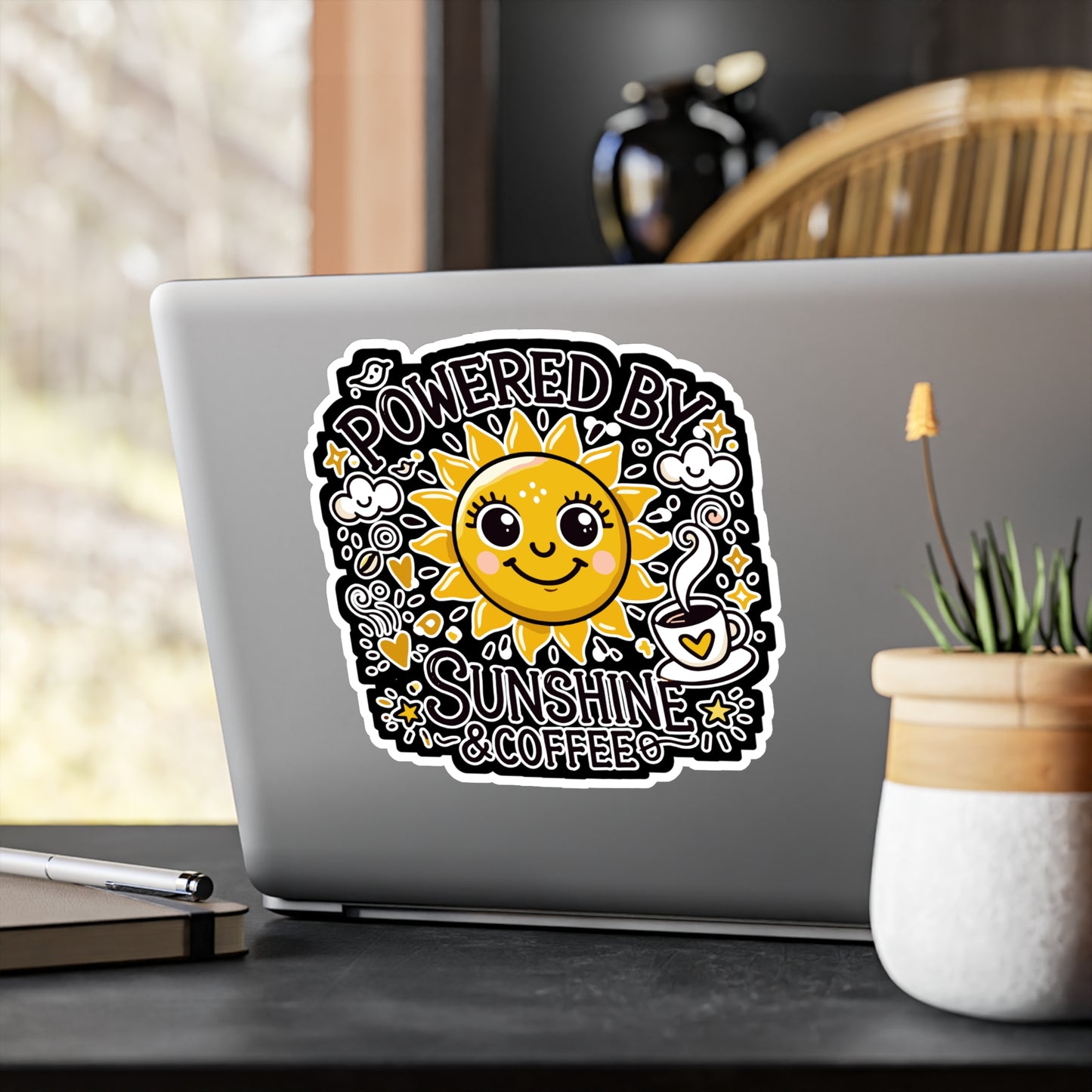 Powered by Sunshine & Coffee - Coffee lover Sticker for Laptop Sticker. Water Bottle Sticker, Vinyl Positive vibes Decal - Coffee lover Gift