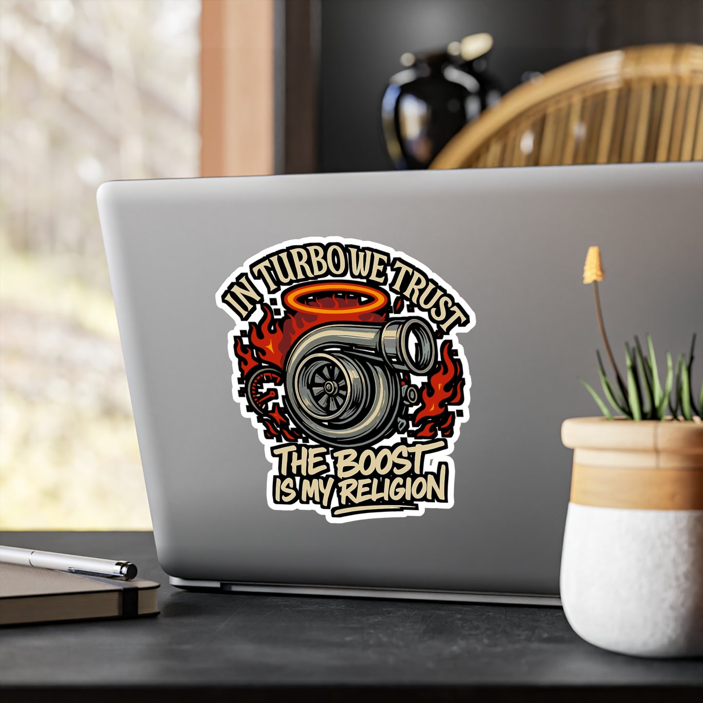 In Turbo We Trust The Boost Is My Religion - Turbo Sticker for Car, Laptop, Water Bottle - Gift for Car Enthusiasts, Tuning Fans