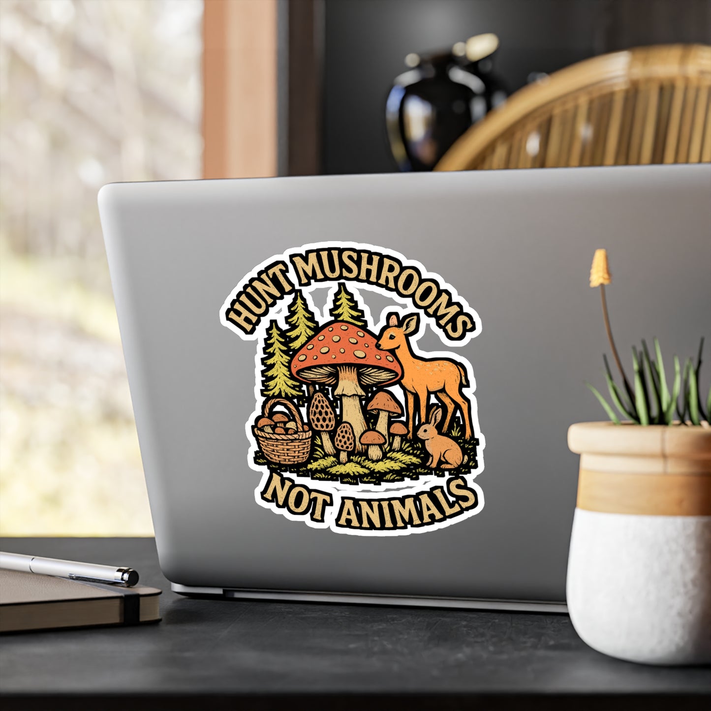 Hunt Mushrooms Not Animals – Vinyl Sticker for Laptop or Water Bottle | Morel Decal, Forager & Nature Lover Gift
