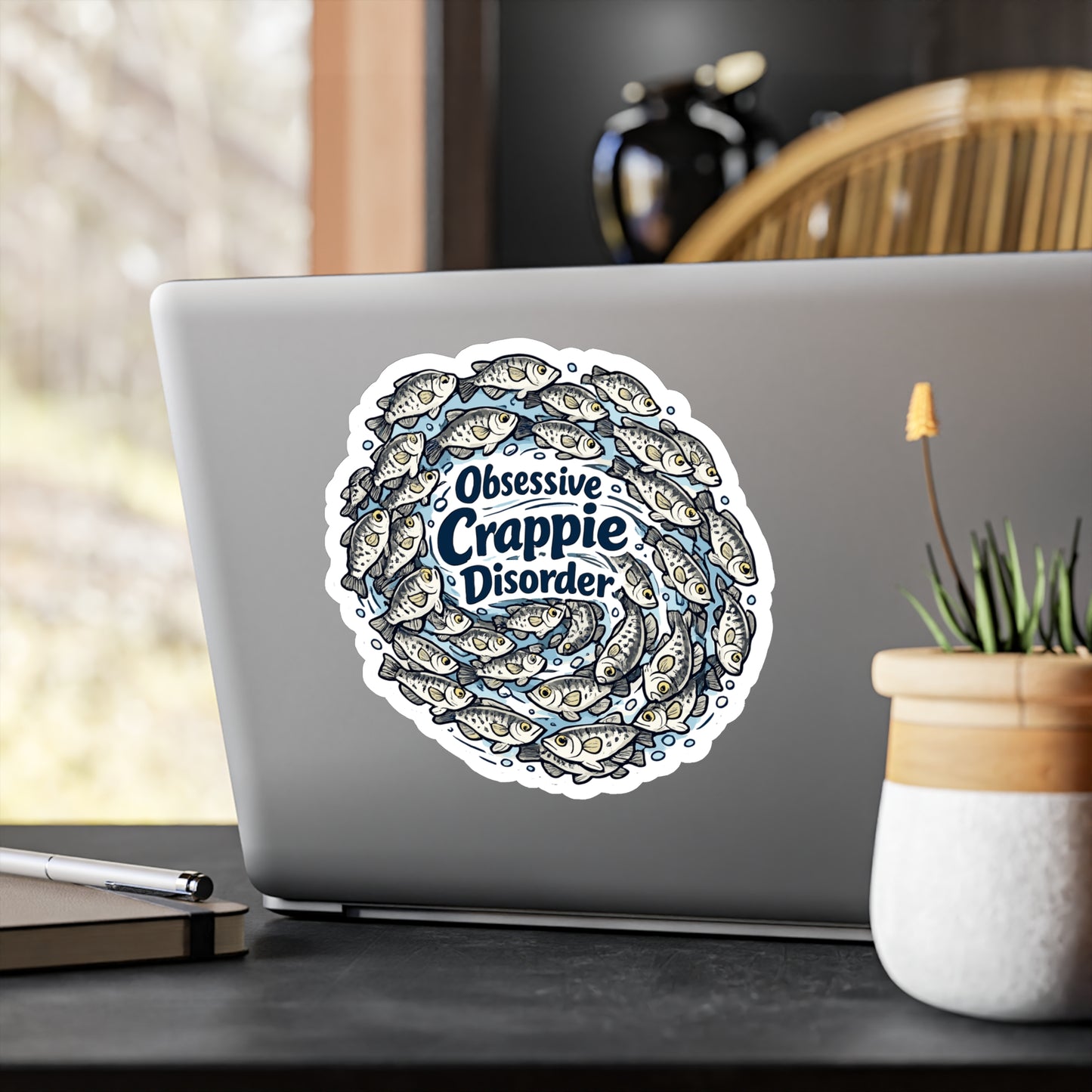Fishing Sticker Obsessive Crappie Disorder Funny Angling Decals, Waterproof Vinyl for Laptop or Water Bottle, Lake Boating Design