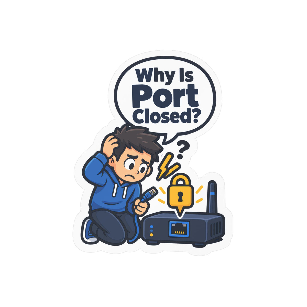 Tech Sticker - Why Is Port Closed - A Bandage for Your Reboot Button, Funny Decals for Laptop and Water Bottle