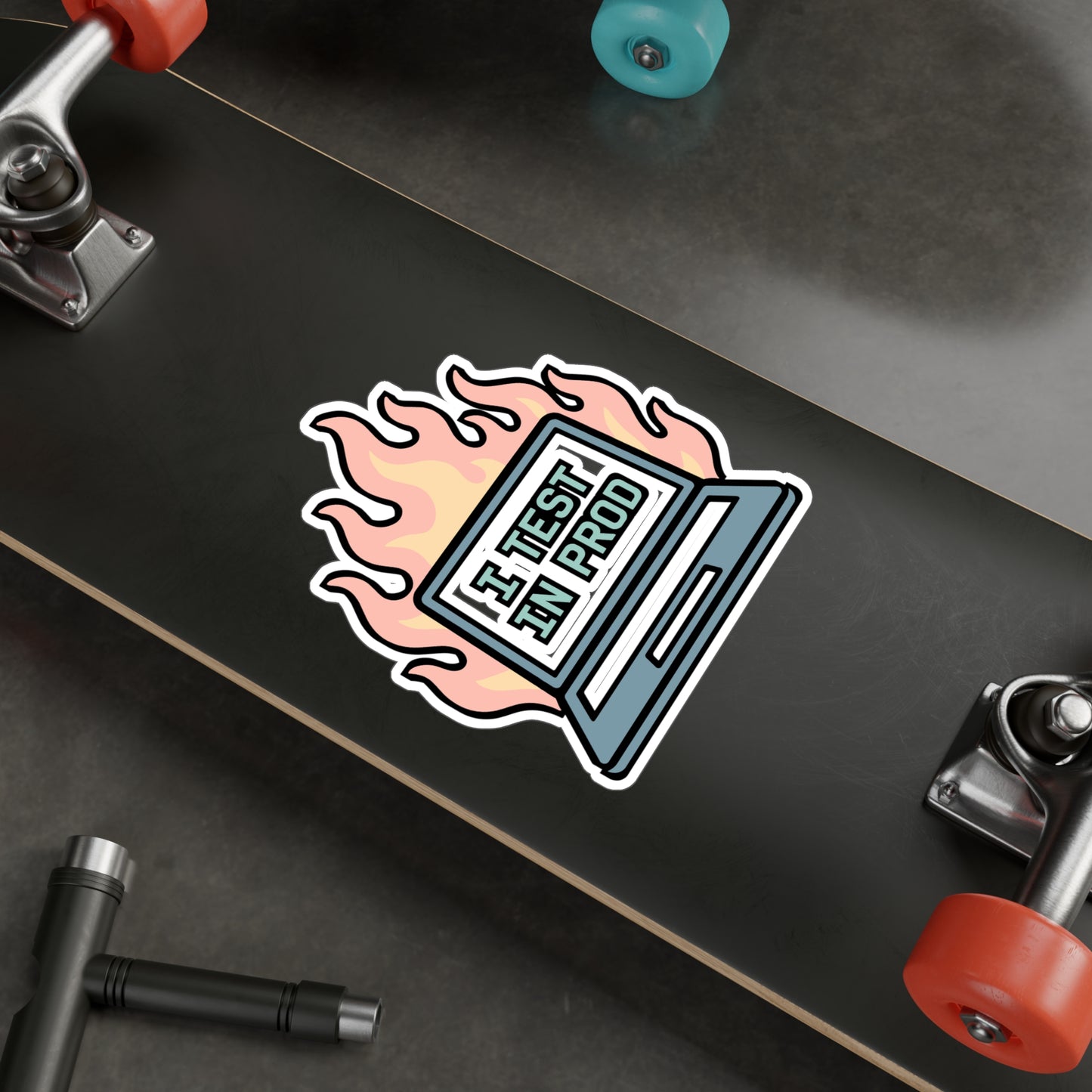 Developer Sticker – "I Test In Prod" Funny Coding Decal for Laptop, Water Bottle, Programmers, Software Engineers, Waterproof Vinyl, Programming Gift