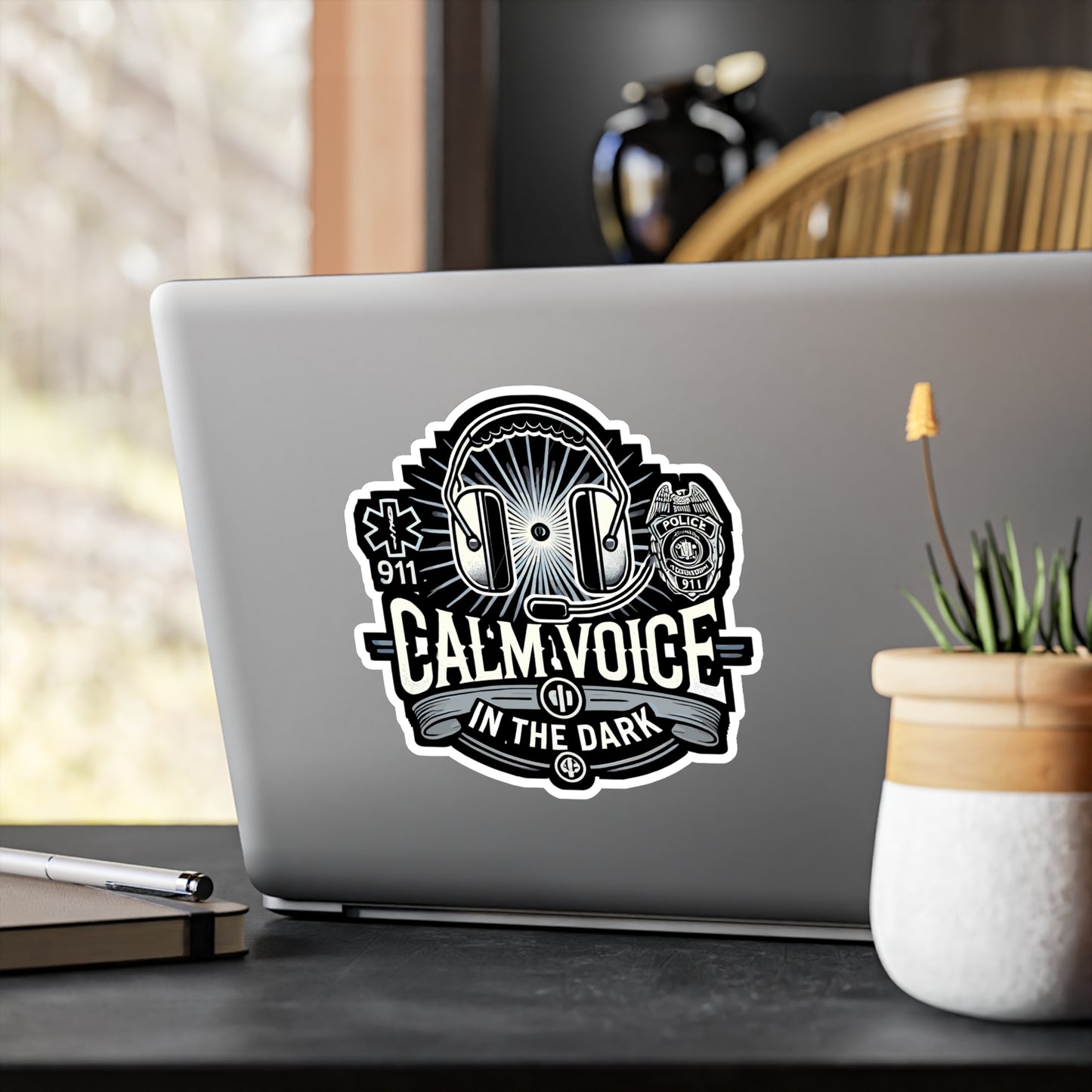 Calm Voice In The Dark - 911 dispatcher Sticker for Laptop Sticker. Water Bottle Sticker, Vinyl Emergency Decal - 911 dispatcher Gift