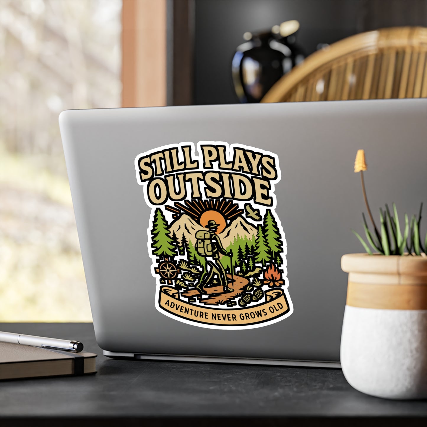 Still Plays Outside – Hiking Sticker for Laptop or Water Bottle | Vinyl Camping Decal, Nature Lover Gift