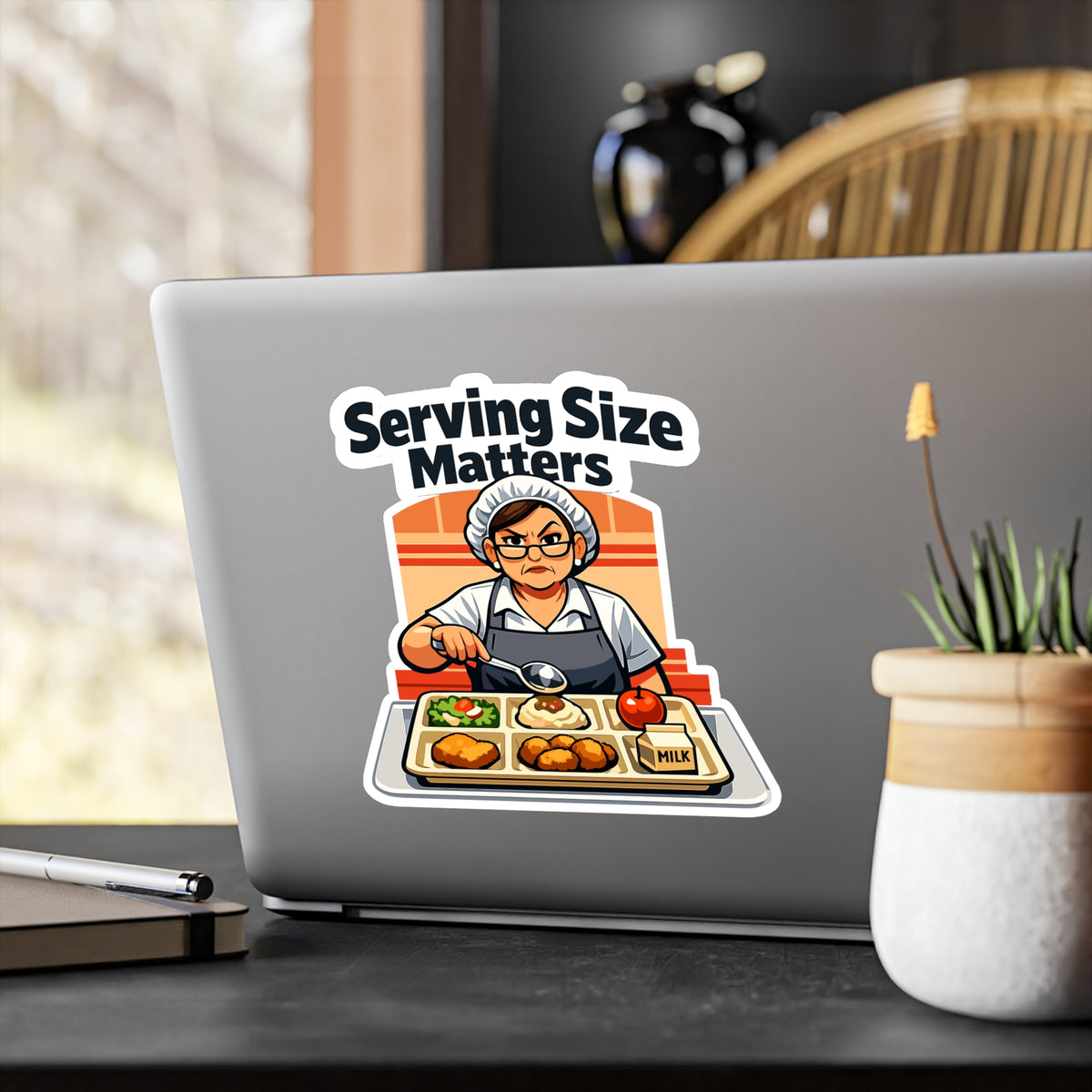 Lunch Lady Sticker "Serving Size Matters" Funny Canteen School Decals Waterproof Vinyl for Laptop Water Bottle