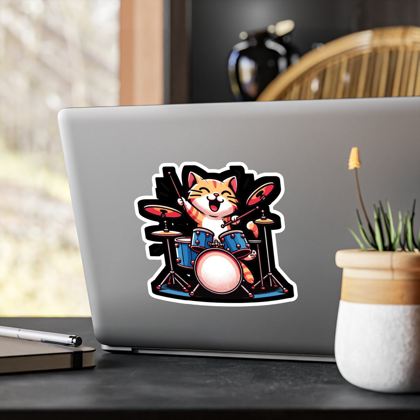 Musician Cat Drummer - Drum Sticker for Car Window Laptop Sticker. Water Bottle Sticker, Vinyl Drummer Decal, Drumset Sticker - Drum Gift