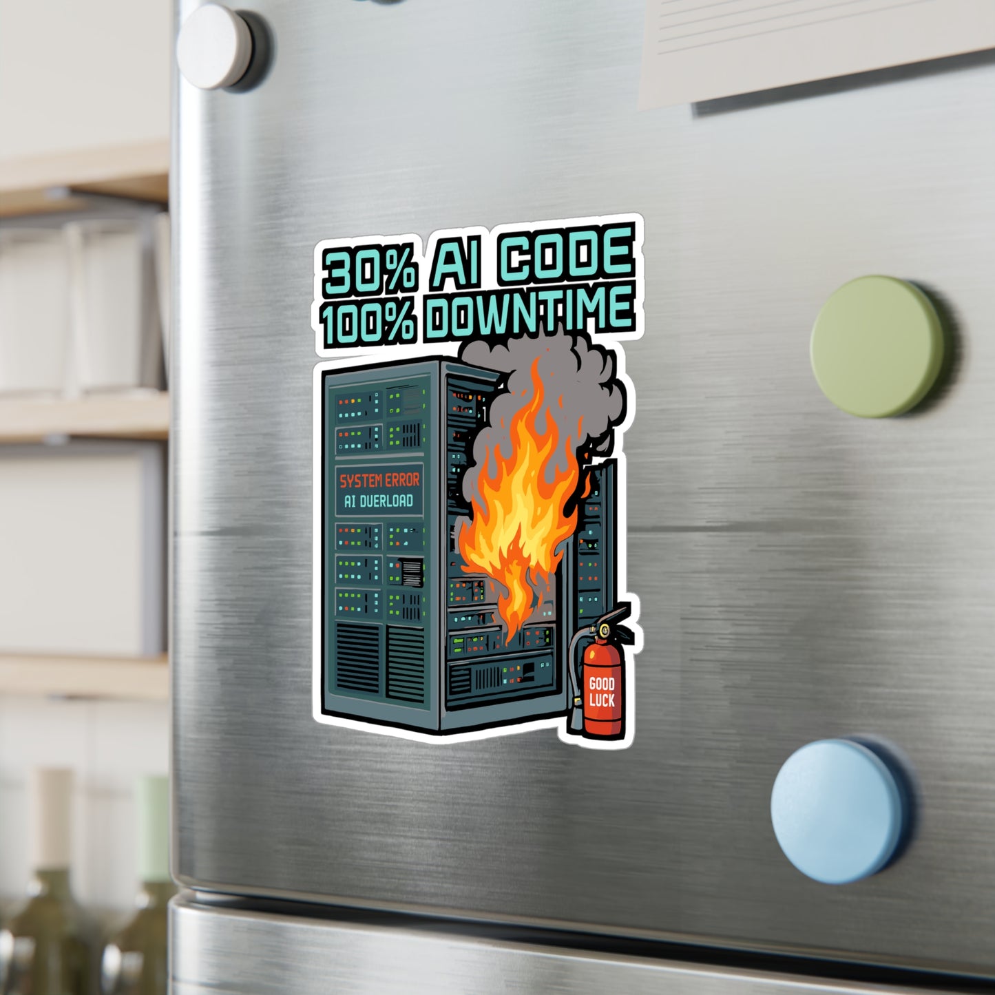 Server Sticker - “30 Ai Code 100 Downtime” Funny Burning Datacenter AI Decals, Waterproof Vinyl for Laptop, Water Bottle, Tech Accessories
