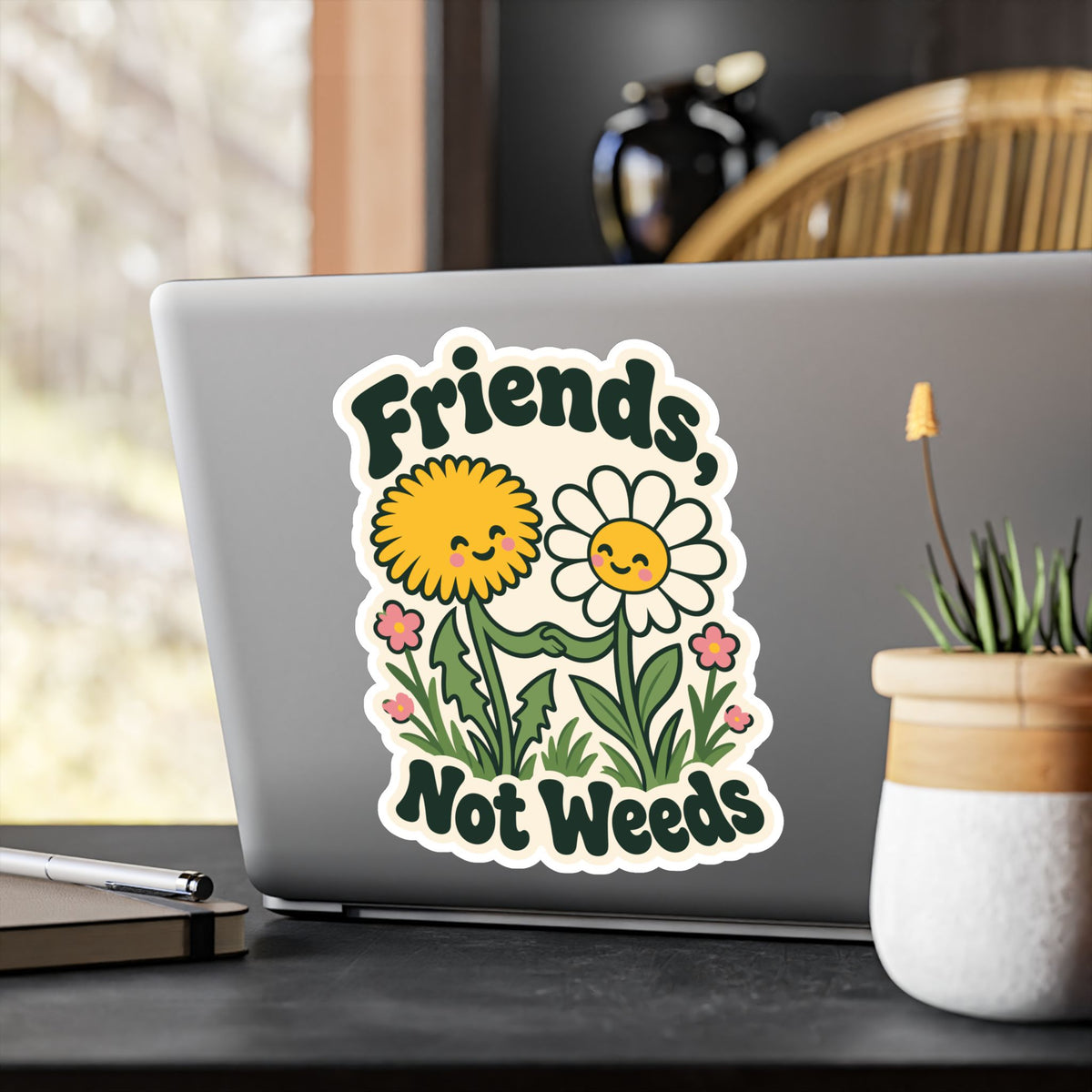 Plants Sticker "Friends Not Weeds" – Dandelion Design Celebrating Nature and Friendship, Decals for Laptop and Water Bottle