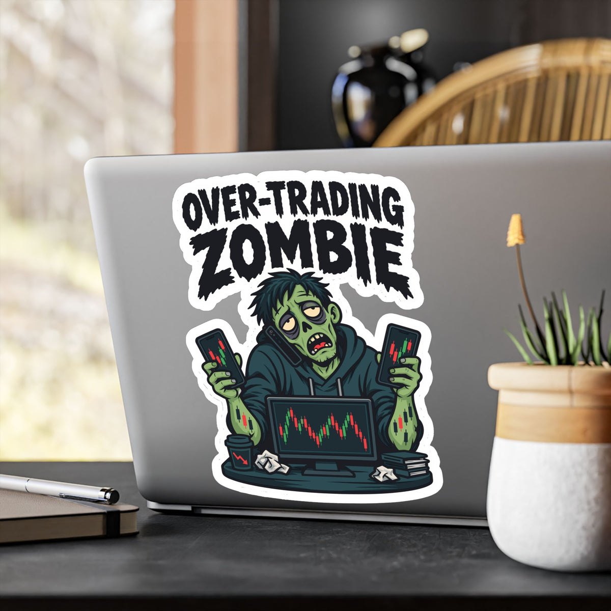 Day Trading Sticker - Over-Trading Zombie Design for Stock Market and Forex Traders, Laptop and Water Bottle Decals