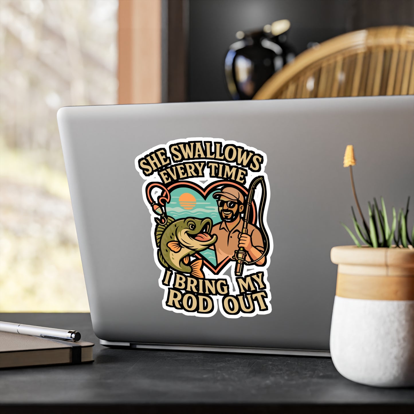 She Swallows Every Time I Bring My Rod Out – Funny Fishing Sticker for Laptop or Water Bottle | Vinyl Angling Decal, Fisherman Gift