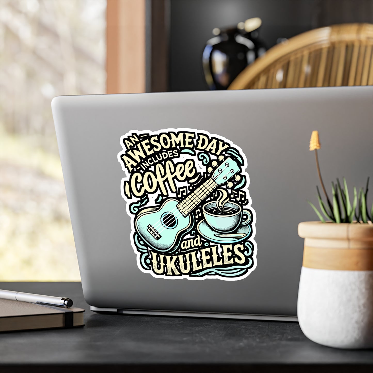 An Awesome Day Includes Coffee And Ukuleles – Vinyl Sticker for Laptop & Water Bottle | Coffee & Ukulele Gift for Musicians
