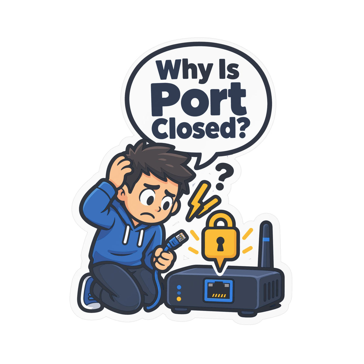 Tech Sticker - Why Is Port Closed - A Bandage for Your Reboot Button, Funny Decals for Laptop and Water Bottle
