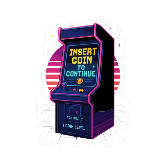 Arcade Sticker – Insert Coin To Continue Decals, Neon Pixelated Synthwave Vinyl for Laptop or Water Bottle, Waterproof, Retro Gaming Accessory