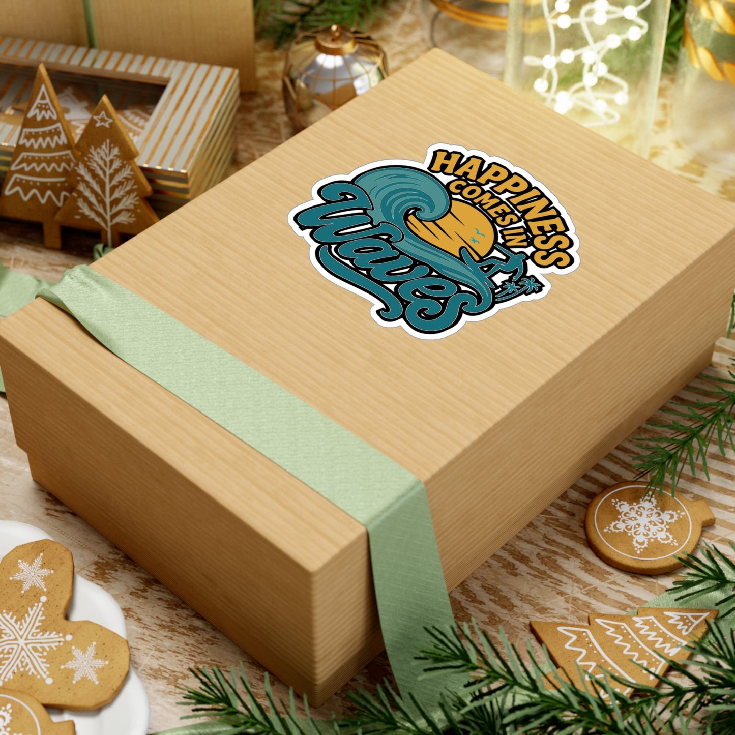 Happiness Comes In Waves - Surfing Sticker for Laptop, Water Bottle - Beach Lovers Gift, Surfer Girls & Boys