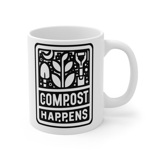 Compost Happens - Gardening Mug for Coffee 11oz. Gardening Cup, White ceramic, Landscaper Mug, Lawn-mower Tea Cup - Gardening Gift