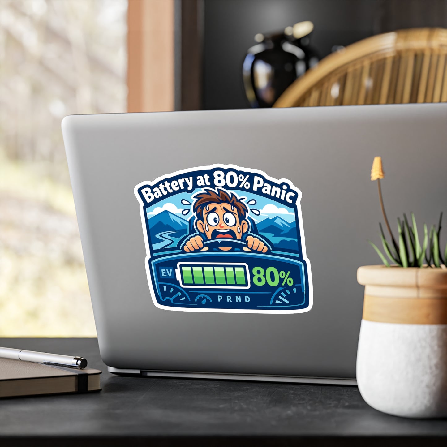 Electric Car Sticker 'Battery at 80% Panic' Funny Electric Vehicle Decals, Waterproof Vinyl for Laptop, Water Bottle, Rechargeable Battery Humor