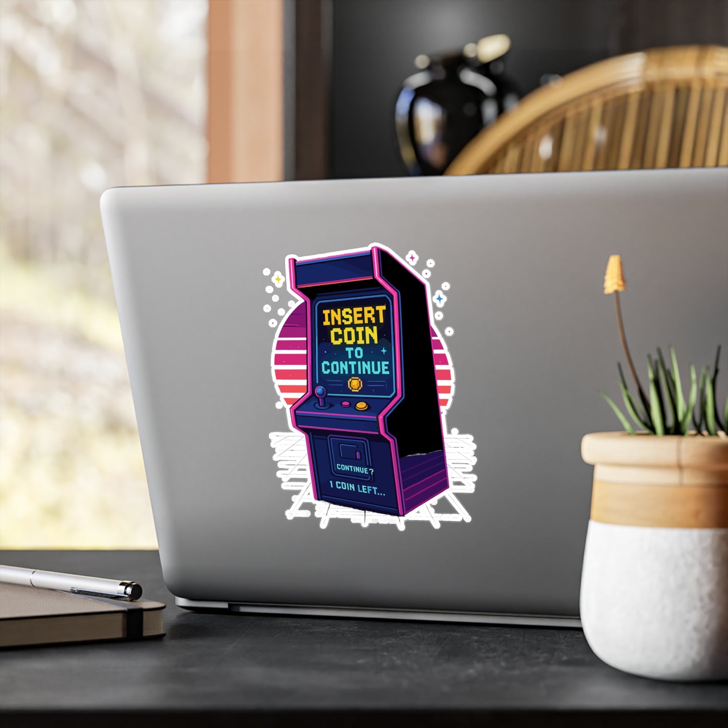 Arcade Sticker – Insert Coin To Continue Decals, Neon Pixelated Synthwave Vinyl for Laptop or Water Bottle, Waterproof, Retro Gaming Accessory