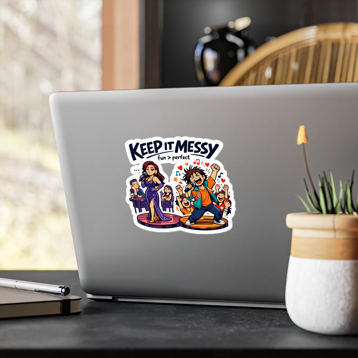Karaoke Sticker "Keep It Messy" - Waterproof Vinyl Decals for Laptop or Water Bottle, Fun Music Beer Booze Graphic