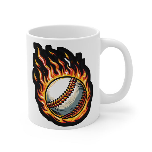 Fire Baseball - Baseball Mug for Coffee 11oz. Baseball Cup, White ceramic, Player Mug, Sports Tea Cup - Baseball Gift