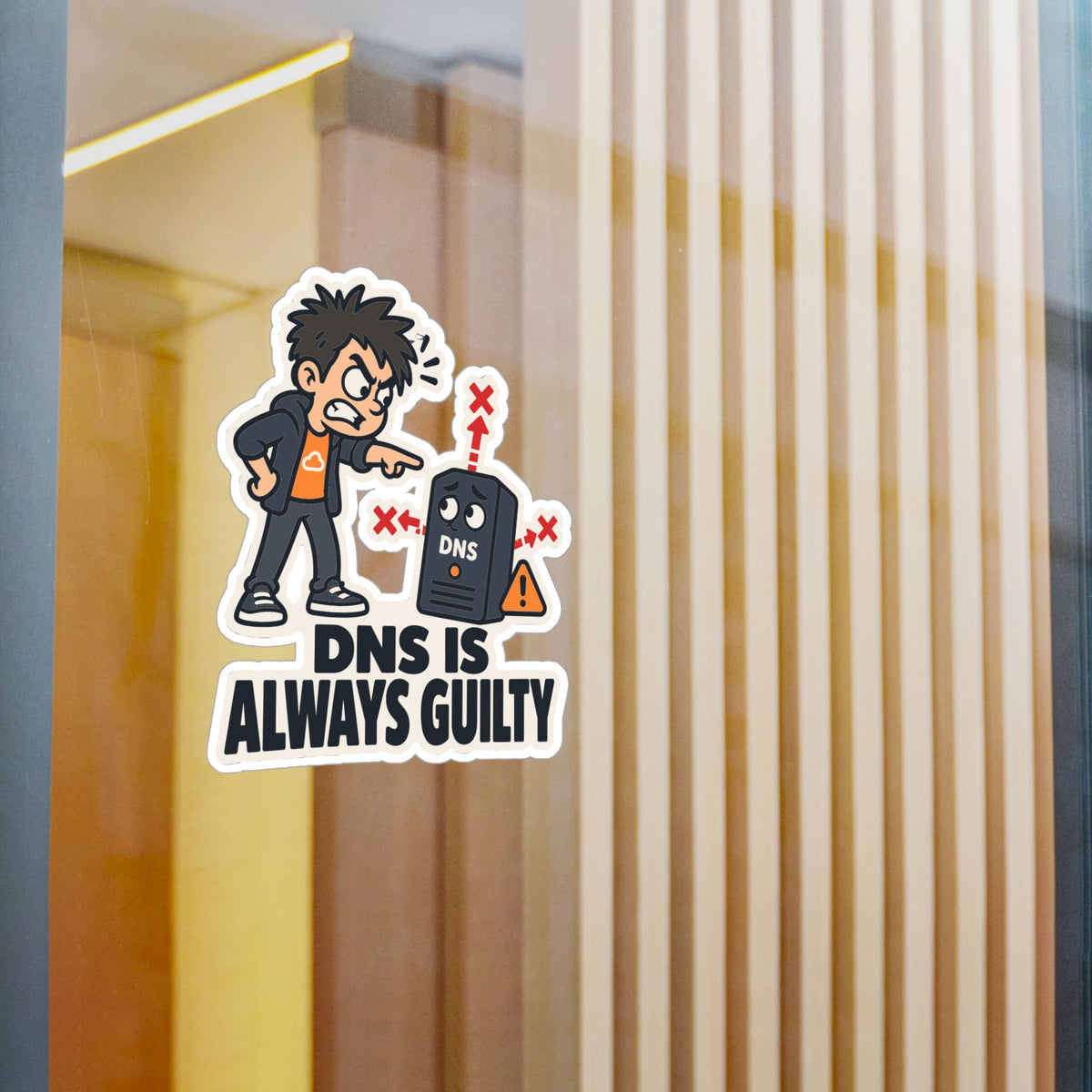 Frustrated Sticker - DNS Is Always Guilty, Cartoon Homelabber Pointing Accusingly, Funny Decals for Laptop and Water Bottle