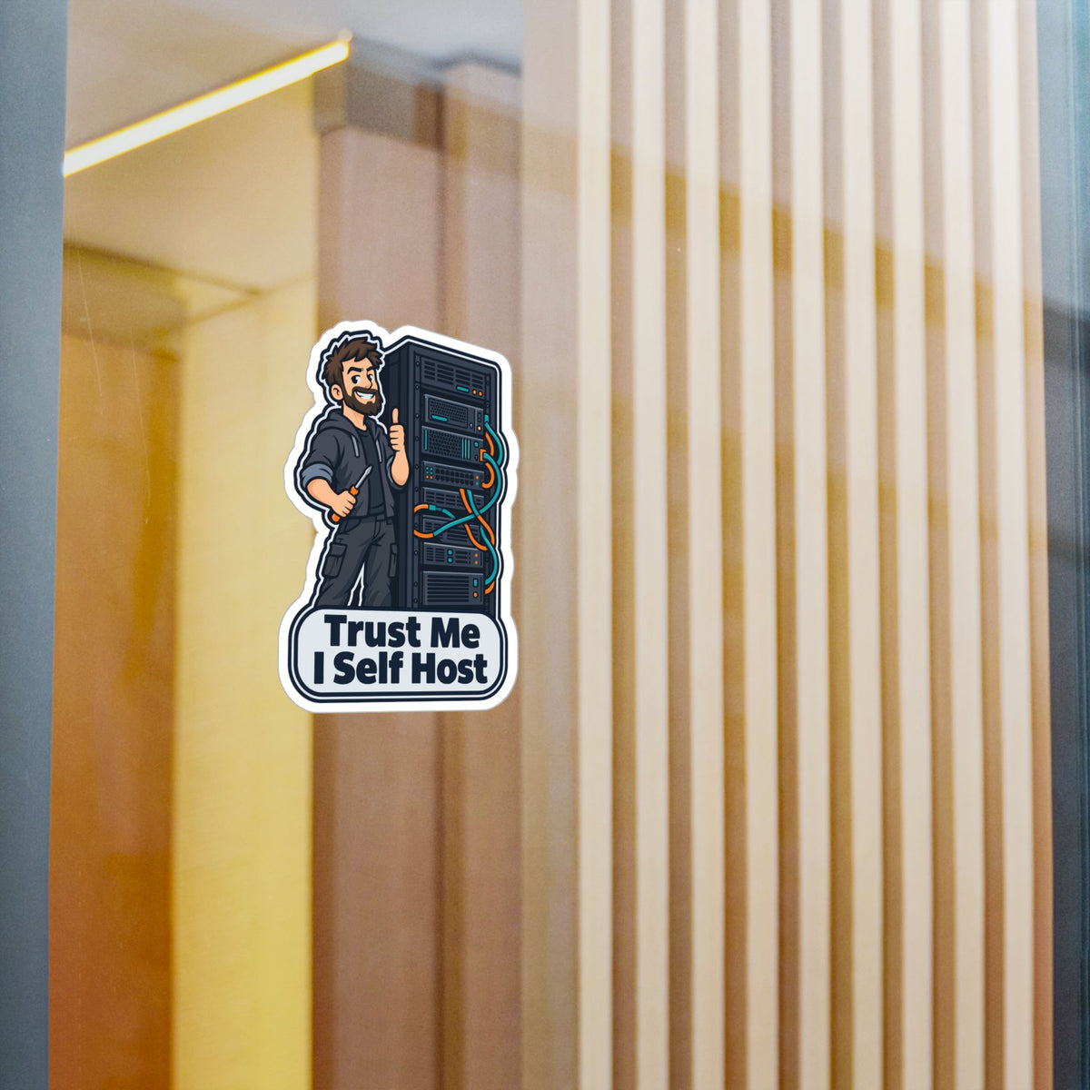 Tech Sticker – Trust Me I Self Host, Reboot Button Humor with a Bandage Twist, Decals for Laptop and Water Bottle